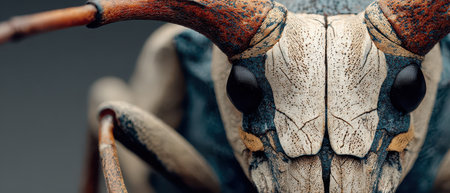 This close up showcases a distinctive insect with textured features and vibrant colors highlighting its intricate anatomy in great detail.の素材