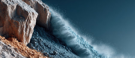 Powerful waves crash against a rugged cliff sending sprays of water into the air.の素材