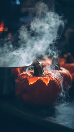 Candles inside carved pumpkins create a warm glow as smoke rises setting a festive Halloween atmosphere in a cozy indoor space.の素材