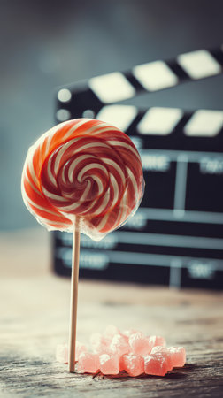 A vibrant lollipop stands on a wooden surface in front of a film clapperboard creating a playful and artistic atmosphere for storytelling.の素材