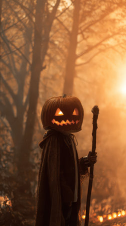 A mysterious figure wears a carved pumpkin head and holds a staff as sunlight filters through trees in an autumn forest.の素材