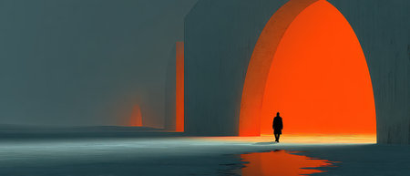 A solitary figure walks towards a large glowing orange arch in a misty environment reflecting light on the icy ground.の素材