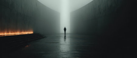 A solitary silhouette walks through a misty urban environment while fog envelops the space creating an intriguing atmosphere at dawn.の素材