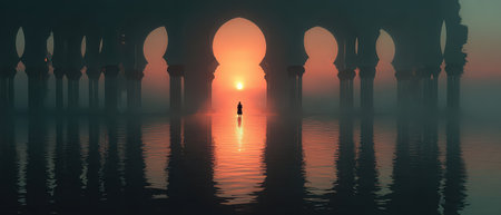 A lone figure stands still in reflective water as a vibrant sunset casts warm hues through majestic arches creating a serene atmosphere.の素材
