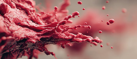 Bright red paint bursts and splashes against a neutral backdrop showcasing an energetic and dynamic display of color movement and texture.の素材