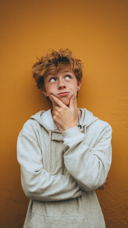 A young person stands with a thoughtful expression resting their chin on their hand in front of a vibrant yellow wall.の素材