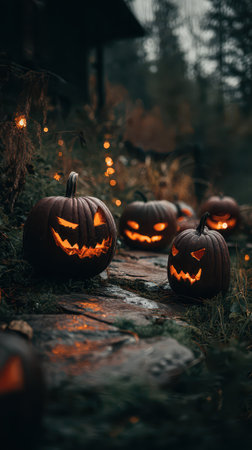 Carved pumpkins glow with eerie expressions along a stone path surrounded by dim lights and a mystical autumn atmosphere at night.の素材