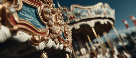 Exquisite details of a vintage carousel revealing ornate designs and vibrant colors against a clear sky at an amusement park.の素材