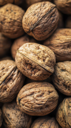 Brown walnuts with textured shells are piled together showing their unique shapes and patterns emphasizing natural beauty and organic appeal.の素材