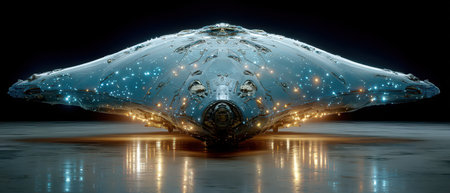 A sleek glowing spaceship hovers above a dimly lit misty surface showing intricate designs and lights in a futuristic environment.の素材