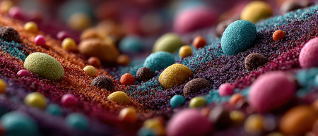 Vibrant and playful arrangement of various candies and sugar grains creates a whimsical landscape that delights the senses.の素材