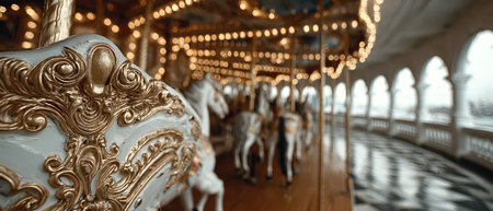 Intricate designs on a carousel horse showcase its vintage appeal surrounded by bright lights and elegance in a lively amusement area.の素材