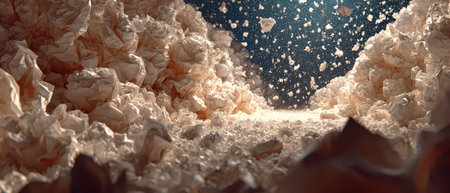 A creative representation of a textured landscape formed from crumpled paper resembling mountains with particles floating through the air.の素材