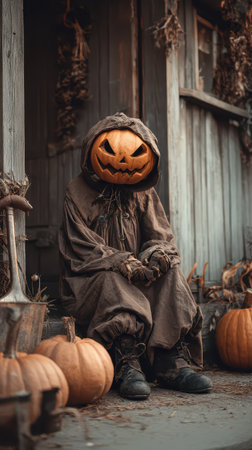 A figure wearing a pumpkin head sits quietly on a porch surrounded by pumpkins during a cool autumn day evoking a spooky atmosphere.の素材