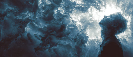 A person gazes upward with a thoughtful expression surrounded by dramatic swirling clouds that evoke a sense of wonder and contemplation.の素材