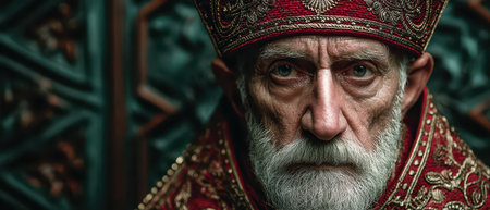 An elderly man with a white beard and intense gaze dons elaborate intricately patterned robes exuding authority.の素材