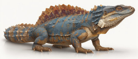 A large lizard displays its striking blue and orange scales while standing on a flat surface showing its unique features and texture.の素材