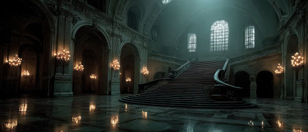 An expansive hall features a grand staircase illuminated by numerous chandeliers casting dramatic shadows across the marble floor.の素材