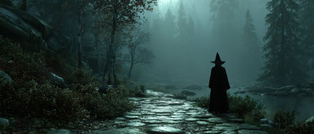 A cloaked figure with a pointed hat walks along a stone path in a misty forest surrounded by tall trees and a serene lake.の素材