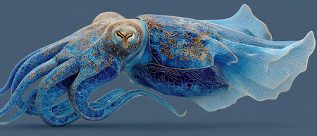 A colorful octopus gracefully glides through the water showcasing its vibrant blue hues and intricate patterns against a dark ocean backdrop.の素材