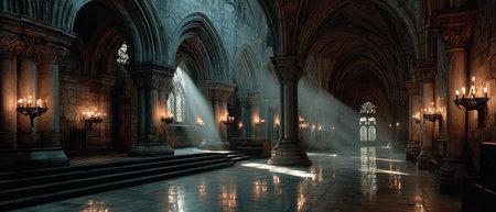 Rays of sunlight illuminate the interior of an ancient stone cathedral highlighting the intricate architecture and serene atmosphere.の素材