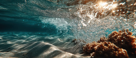 Waves gently roll over a colorful coral reef while sunlight beams through the clear blue ocean water illuminating the sandy floor.の素材