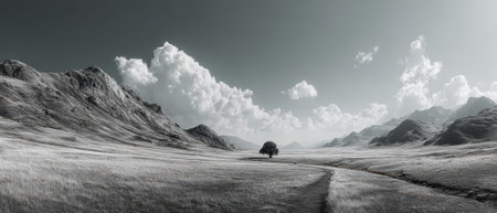 A tranquil and expansive landscape features a lone tree amidst rolling hills and dramatic clouds showing natures serene beauty.の素材