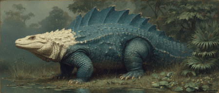 A large unique reptilian creature with spiked back is resting near a still body of water surrounded by lush greenery.の素材