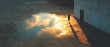 A person walks alone on an empty pavement reflecting clouds and sunlight in a large puddle creating a serene atmosphere.の素材
