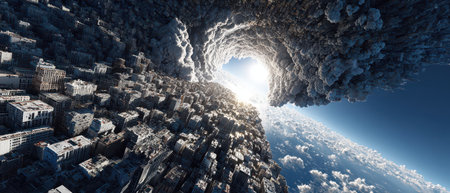 A surreal city skyline swallowed by swirling clouds with sunlight breaking through contrasting nature and urban life.の素材