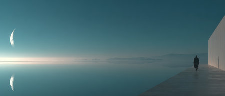 A figure walks along a reflective surface by calm waters under a crescent moon creating a serene and peaceful atmosphere at dusk.の素材