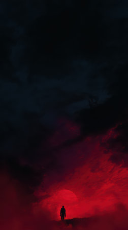 A figure stands against a dramatic sky with deep red hues blending into dark clouds during a serene sunset evoking a sense of solitude.の素材