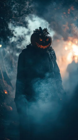 A dark figure wearing a pumpkin head stands amidst fog and eerie lighting in a spooky outdoor setting during a night celebration.の素材