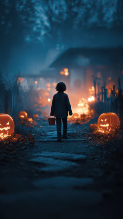 A child carrying a bucket strolls down a dimly lit path lined with glowing jack o lanterns. The atmosphere is eerie and enchanting.の素材