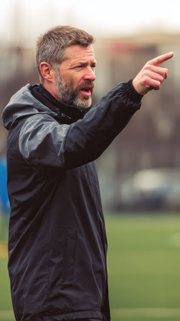 A soccer coach passionately communicates with players on the field directing them during a training session in an outdoor environment.の素材
