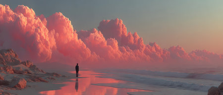 A person walks along the shore as vibrant clouds reflect pink hues in the calm ocean during sunset. The landscape feels serene and picturesque.の素材