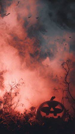 A carved pumpkin rests amidst fog and smoke creating an eerie atmosphere with dark trees and bats silhouetted in the night sky.の素材