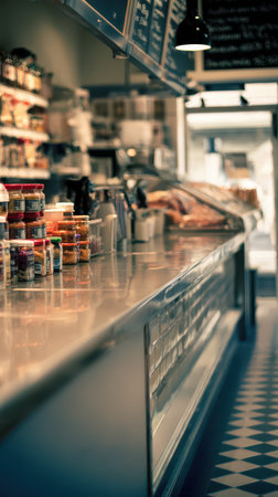Wooden counter displays various jars filled with artisanal products in a lively market. Sunlight enters illuminating the vibrant colors.の素材