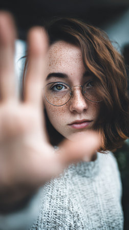 A young woman with curly hair and glasses raises her hand towards the camera creating an engaging and candid moment in an outdoor setting.の素材