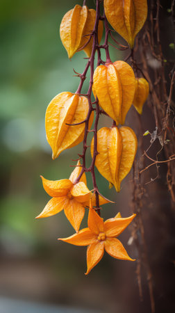 Vibrant orange flowers and fruit like buds dangle from a lush green vine in a natural setting showing natures artistry during the day.の素材
