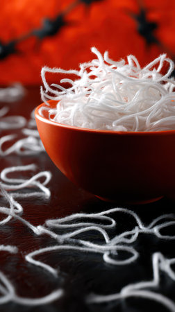 A bowl holds delicate white noodles scattered artistically across a dark surface. The vibrant background adds contrast and interest.の素材