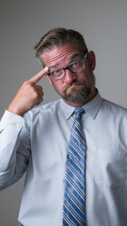 A man in a light shirt and tie is making a puzzled gesture while looking directly at the camera conveying confusion or thoughtfulness.の素材
