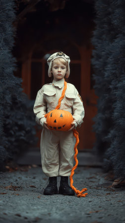 A young child dressed in a costume stands outdoors holding a carved pumpkin.の素材