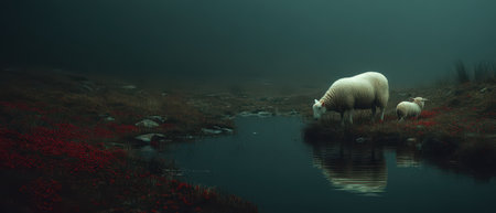 Two sheep one adult and one lamb stand peacefully near a small pond surrounded by mist and flowering plants during early morning.の素材