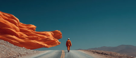 A solitary figure in an orange outfit walks along a deserted road accompanied by vibrant flowing fabric against a clear blue sky.の素材