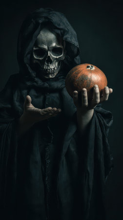 Cloaked figure with a skull face stands in a dark setting holding a carved pumpkin with an ominous expression suggesting a Halloween theme.の素材