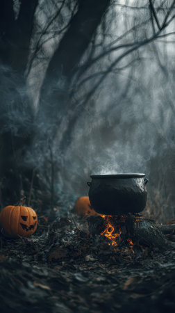 A cauldron simmers over an open flame surrounded by carved pumpkins in a foggy forest during Halloween night.の素材