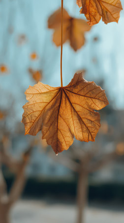 Golden maple leaves hang delicately from tree branches illuminated by soft sunlight showing the beauty of autumn in a tranquil setting.の素材