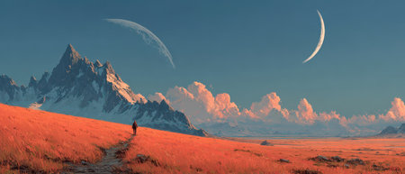 A traveler walks through a vibrant landscape under two celestial bodies with towering mountains in the background and colorful clouds above.の素材