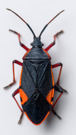 A colorful insect showing black and orange patterns rests on a plain light background highlighting its distinctive features and texture.の素材